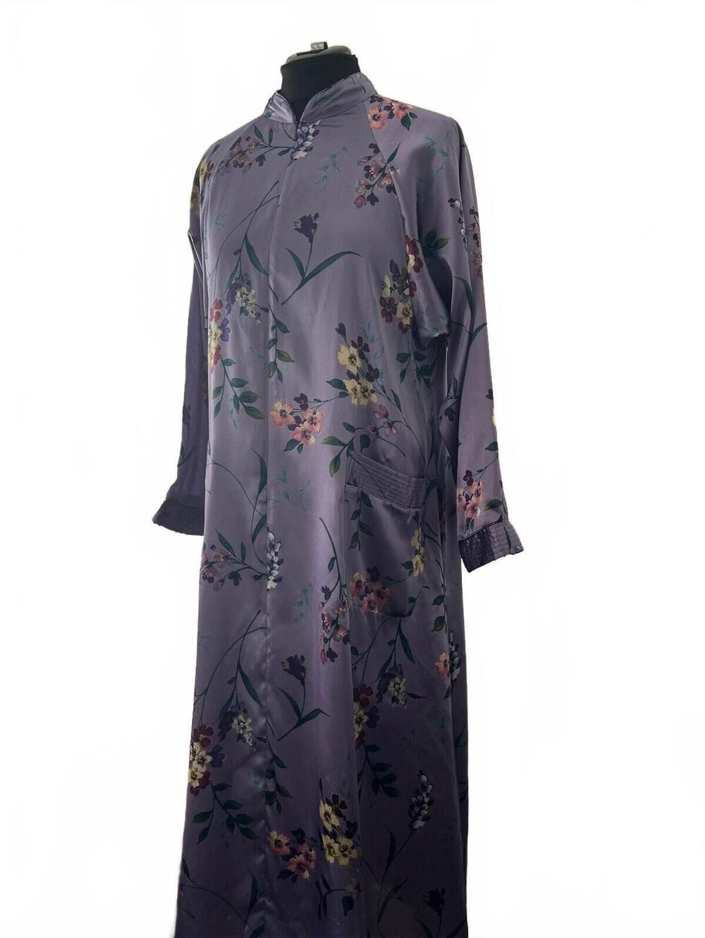 Vintage Oscar de la Renta Purple Floral Satin Robe with Mandarin Collar Large